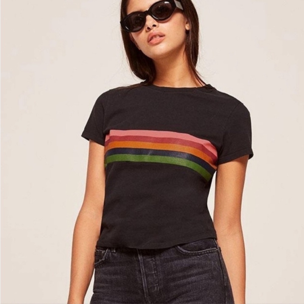 Reformation "70s Tee" Retro Rainbow Stripe Black
Short Sleeve Shirt.